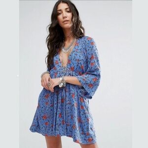 Free People Tallulah Blue/Red Floral Boho Mini Dress